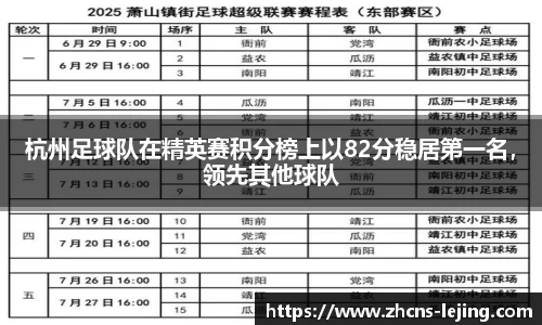 杭州足球队在精英赛积分榜上以82分稳居第一名,领先其他球队